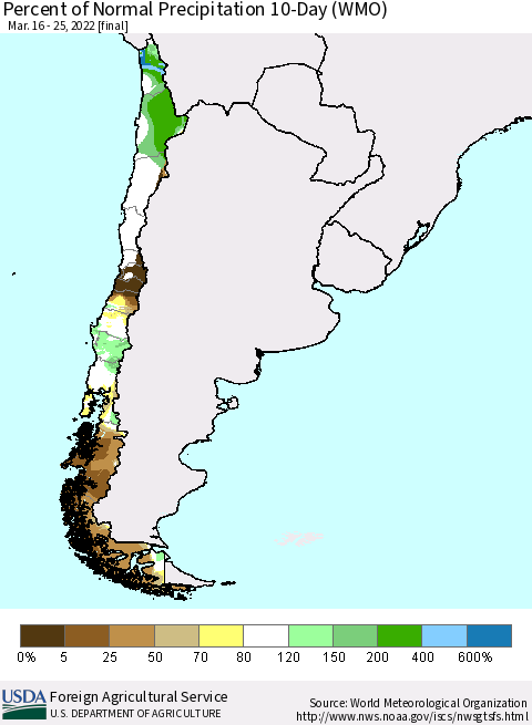 Chile Percent of Normal Precipitation 10-Day (WMO) Thematic Map For 3/16/2022 - 3/25/2022
