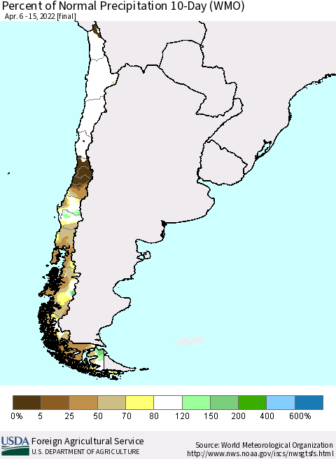 Chile Percent of Normal Precipitation 10-Day (WMO) Thematic Map For 4/6/2022 - 4/15/2022