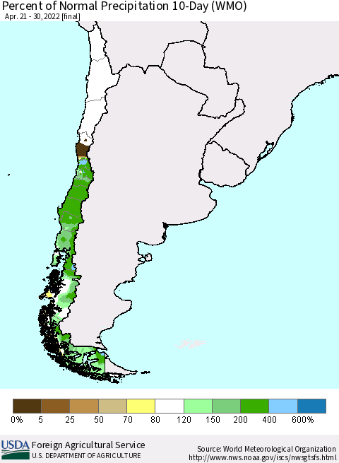 Chile Percent of Normal Precipitation 10-Day (WMO) Thematic Map For 4/21/2022 - 4/30/2022