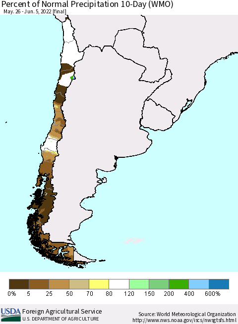 Chile Percent of Normal Precipitation 10-Day (WMO) Thematic Map For 5/26/2022 - 6/5/2022