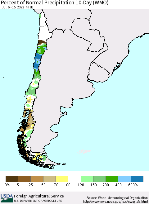 Chile Percent of Normal Precipitation 10-Day (WMO) Thematic Map For 7/6/2022 - 7/15/2022