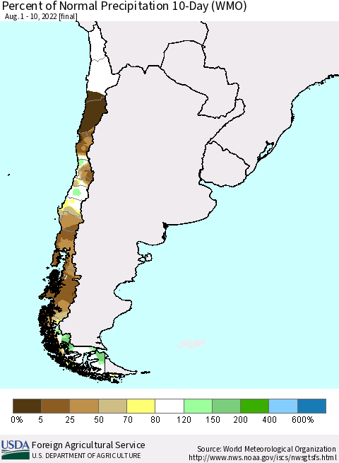 Chile Percent of Normal Precipitation 10-Day (WMO) Thematic Map For 8/1/2022 - 8/10/2022