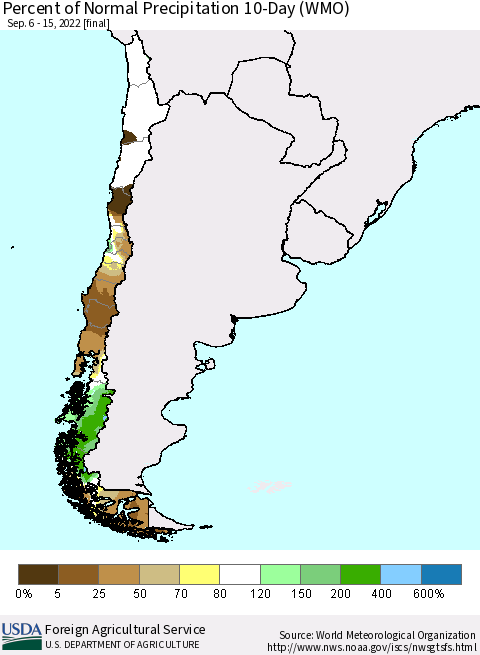 Chile Percent of Normal Precipitation 10-Day (WMO) Thematic Map For 9/6/2022 - 9/15/2022