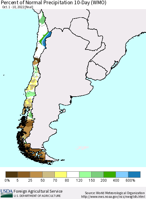 Chile Percent of Normal Precipitation 10-Day (WMO) Thematic Map For 10/1/2022 - 10/10/2022