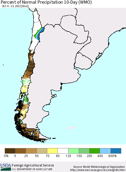 Chile Percent of Normal Precipitation 10-Day (WMO) Thematic Map For 10/6/2022 - 10/15/2022