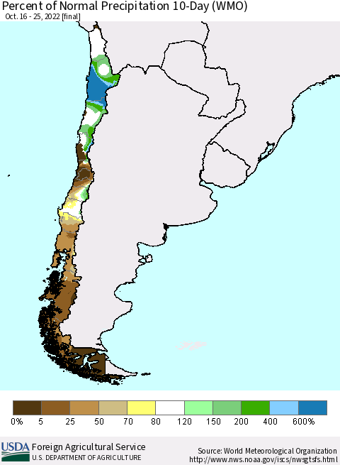 Chile Percent of Normal Precipitation 10-Day (WMO) Thematic Map For 10/16/2022 - 10/25/2022