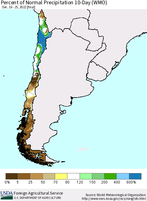 Chile Percent of Normal Precipitation 10-Day (WMO) Thematic Map For 12/16/2022 - 12/25/2022