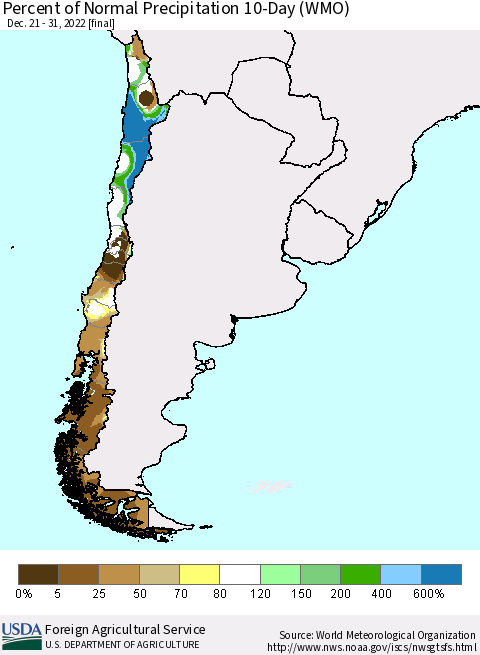 Chile Percent of Normal Precipitation 10-Day (WMO) Thematic Map For 12/21/2022 - 12/31/2022