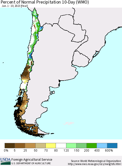 Chile Percent of Normal Precipitation 10-Day (WMO) Thematic Map For 1/1/2023 - 1/10/2023