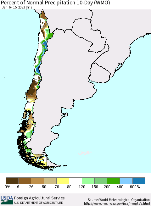 Chile Percent of Normal Precipitation 10-Day (WMO) Thematic Map For 1/6/2023 - 1/15/2023