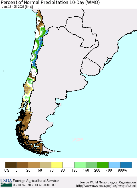 Chile Percent of Normal Precipitation 10-Day (WMO) Thematic Map For 1/16/2023 - 1/25/2023