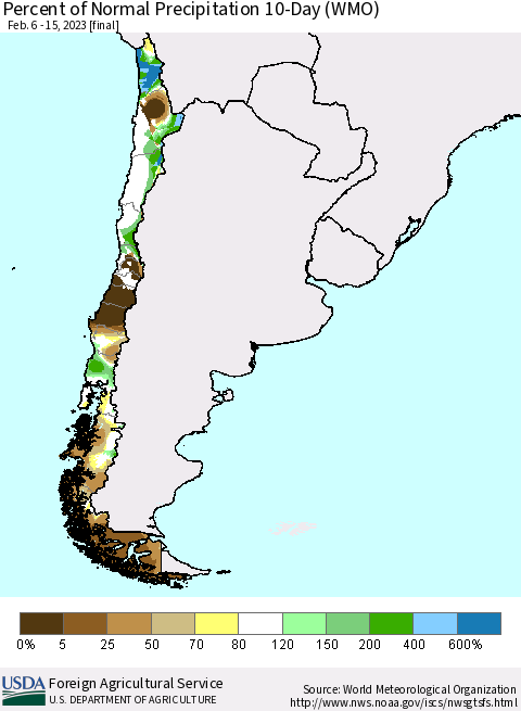 Chile Percent of Normal Precipitation 10-Day (WMO) Thematic Map For 2/6/2023 - 2/15/2023