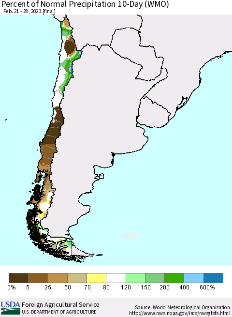 Chile Percent of Normal Precipitation 10-Day (WMO) Thematic Map For 2/21/2023 - 2/28/2023