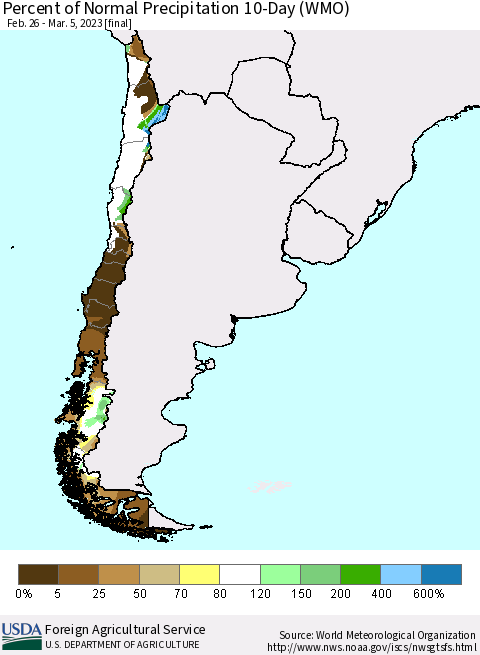 Chile Percent of Normal Precipitation 10-Day (WMO) Thematic Map For 2/26/2023 - 3/5/2023