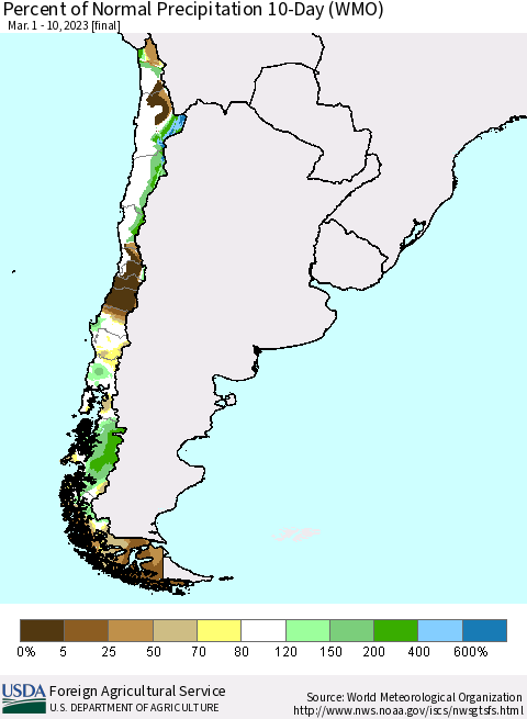 Chile Percent of Normal Precipitation 10-Day (WMO) Thematic Map For 3/1/2023 - 3/10/2023