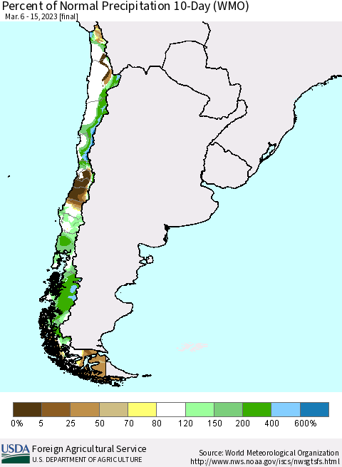 Chile Percent of Normal Precipitation 10-Day (WMO) Thematic Map For 3/6/2023 - 3/15/2023
