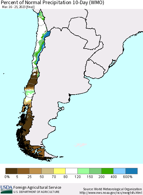 Chile Percent of Normal Precipitation 10-Day (WMO) Thematic Map For 3/16/2023 - 3/25/2023