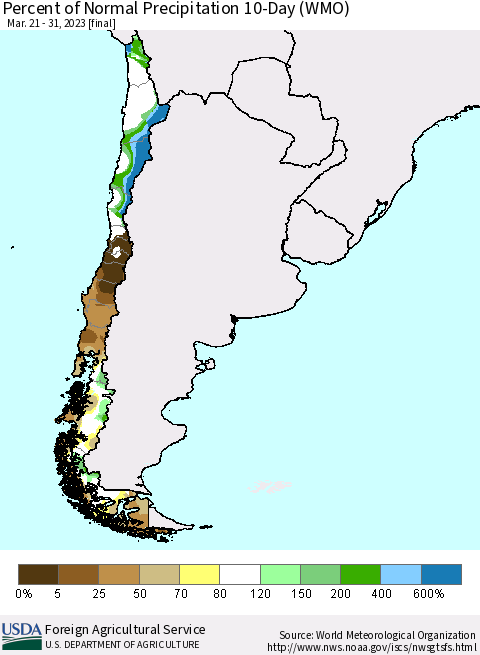 Chile Percent of Normal Precipitation 10-Day (WMO) Thematic Map For 3/21/2023 - 3/31/2023