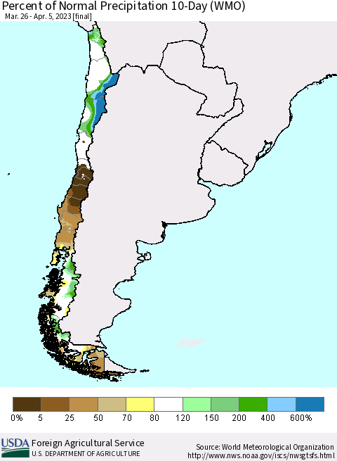 Chile Percent of Normal Precipitation 10-Day (WMO) Thematic Map For 3/26/2023 - 4/5/2023