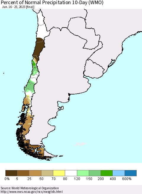 Chile Percent of Normal Precipitation 10-Day (WMO) Thematic Map For 6/16/2023 - 6/25/2023