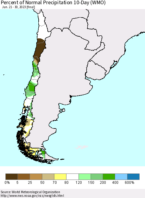 Chile Percent of Normal Precipitation 10-Day (WMO) Thematic Map For 6/21/2023 - 6/30/2023
