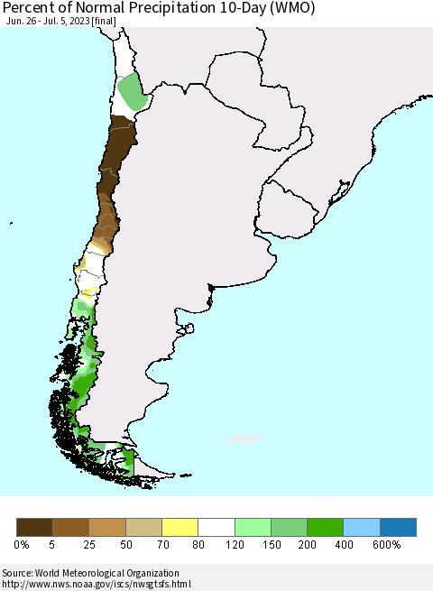 Chile Percent of Normal Precipitation 10-Day (WMO) Thematic Map For 6/26/2023 - 7/5/2023