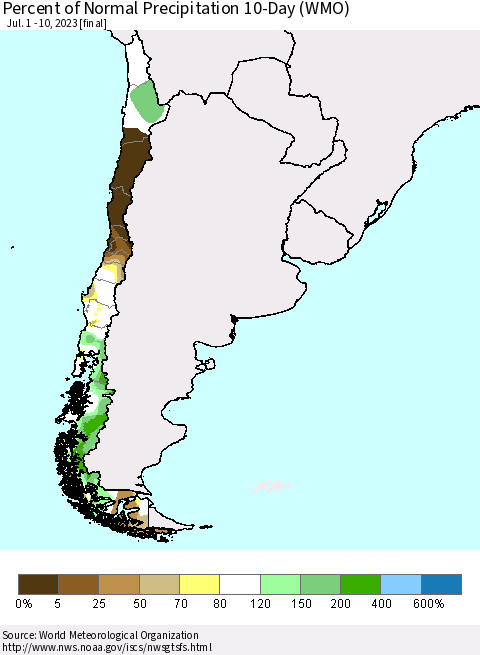 Chile Percent of Normal Precipitation 10-Day (WMO) Thematic Map For 7/1/2023 - 7/10/2023
