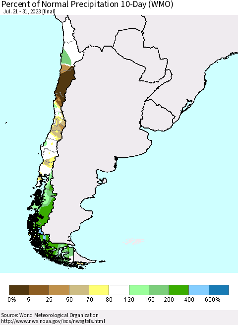 Chile Percent of Normal Precipitation 10-Day (WMO) Thematic Map For 7/21/2023 - 7/31/2023