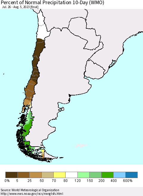 Chile Percent of Normal Precipitation 10-Day (WMO) Thematic Map For 7/26/2023 - 8/5/2023