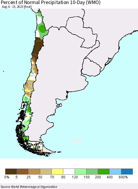 Chile Percent of Normal Precipitation 10-Day (WMO) Thematic Map For 8/6/2023 - 8/15/2023