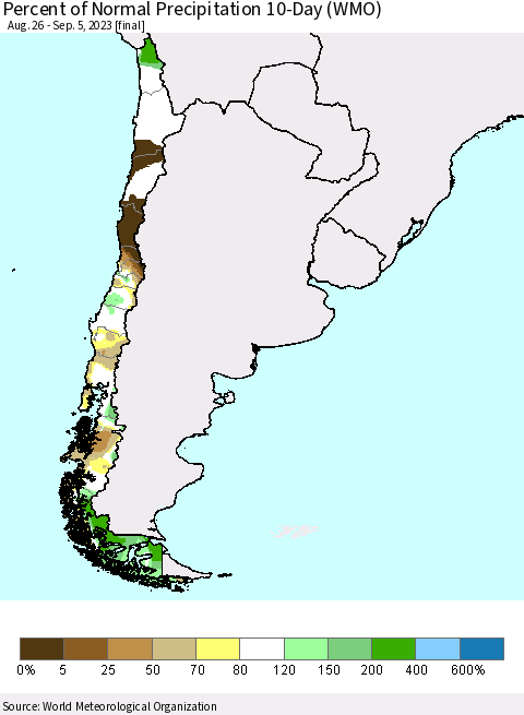 Chile Percent of Normal Precipitation 10-Day (WMO) Thematic Map For 8/26/2023 - 9/5/2023