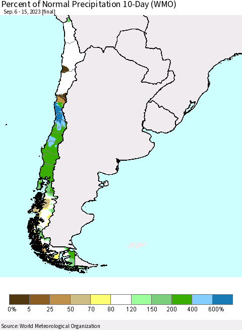 Chile Percent of Normal Precipitation 10-Day (WMO) Thematic Map For 9/6/2023 - 9/15/2023