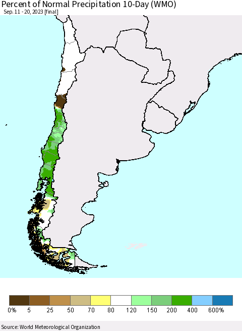 Chile Percent of Normal Precipitation 10-Day (WMO) Thematic Map For 9/11/2023 - 9/20/2023
