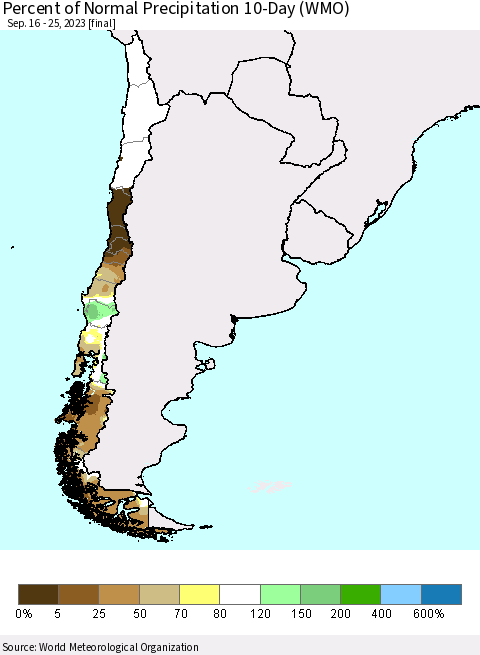 Chile Percent of Normal Precipitation 10-Day (WMO) Thematic Map For 9/16/2023 - 9/25/2023