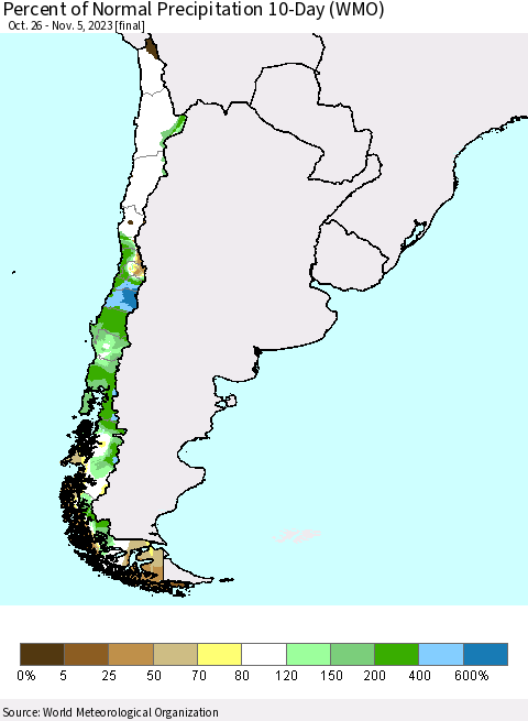 Chile Percent of Normal Precipitation 10-Day (WMO) Thematic Map For 10/26/2023 - 11/5/2023