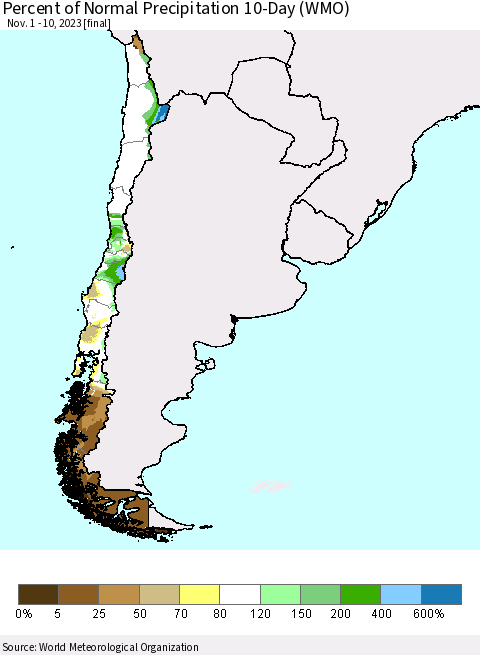 Chile Percent of Normal Precipitation 10-Day (WMO) Thematic Map For 11/1/2023 - 11/10/2023