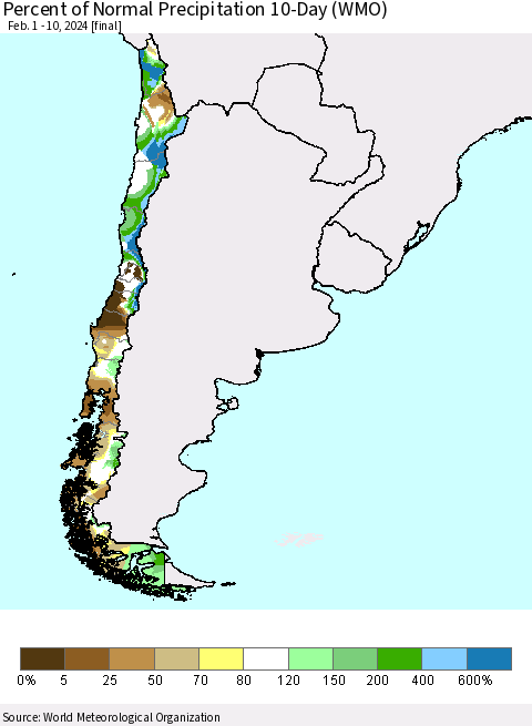 Chile Percent of Normal Precipitation 10-Day (WMO) Thematic Map For 2/1/2024 - 2/10/2024