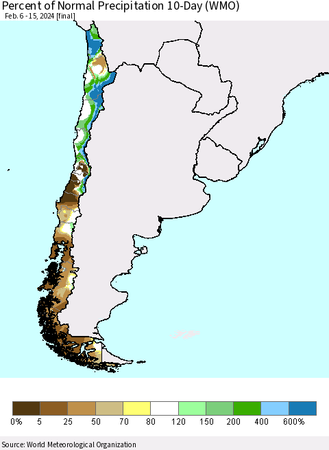 Chile Percent of Normal Precipitation 10-Day (WMO) Thematic Map For 2/6/2024 - 2/15/2024