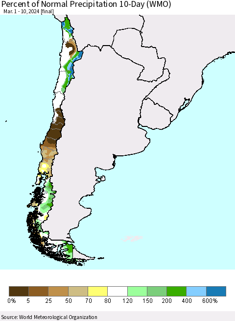 Chile Percent of Normal Precipitation 10-Day (WMO) Thematic Map For 3/1/2024 - 3/10/2024