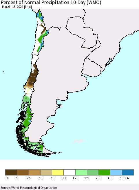 Chile Percent of Normal Precipitation 10-Day (WMO) Thematic Map For 3/6/2024 - 3/15/2024