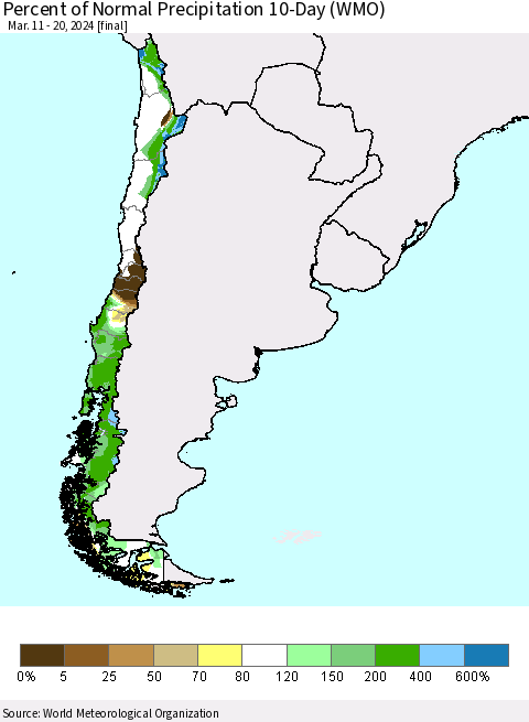 Chile Percent of Normal Precipitation 10-Day (WMO) Thematic Map For 3/11/2024 - 3/20/2024