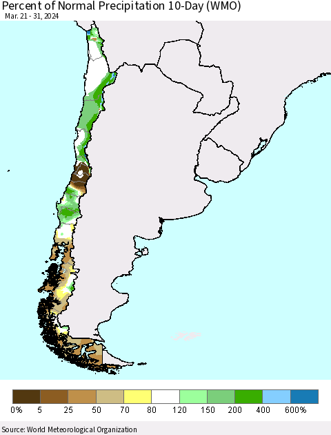 Chile Percent of Normal Precipitation 10-Day (WMO) Thematic Map For 3/21/2024 - 3/31/2024