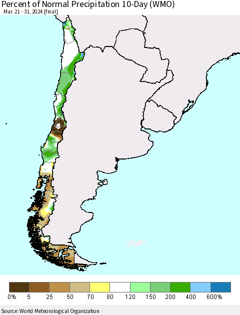 Chile Percent of Normal Precipitation 10-Day (WMO) Thematic Map For 3/21/2024 - 3/31/2024