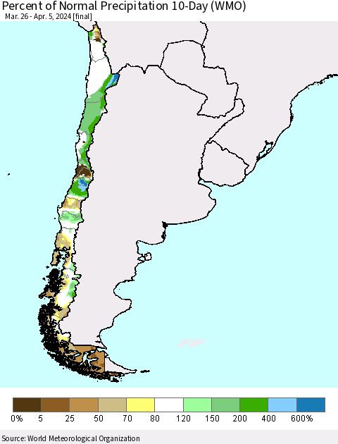 Chile Percent of Normal Precipitation 10-Day (WMO) Thematic Map For 3/26/2024 - 4/5/2024