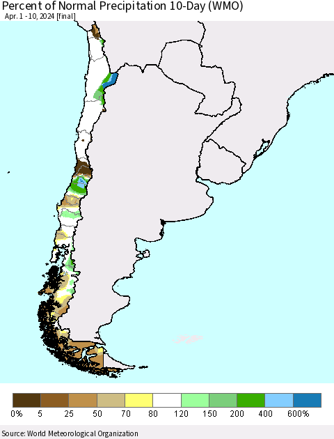 Chile Percent of Normal Precipitation 10-Day (WMO) Thematic Map For 4/1/2024 - 4/10/2024
