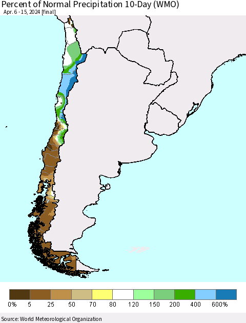 Chile Percent of Normal Precipitation 10-Day (WMO) Thematic Map For 4/6/2024 - 4/15/2024