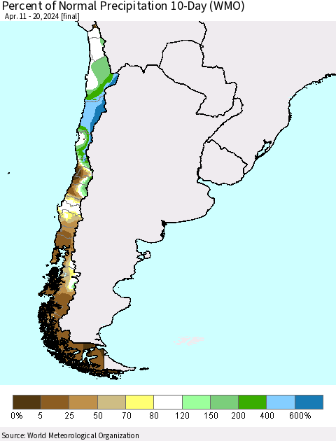 Chile Percent of Normal Precipitation 10-Day (WMO) Thematic Map For 4/11/2024 - 4/20/2024