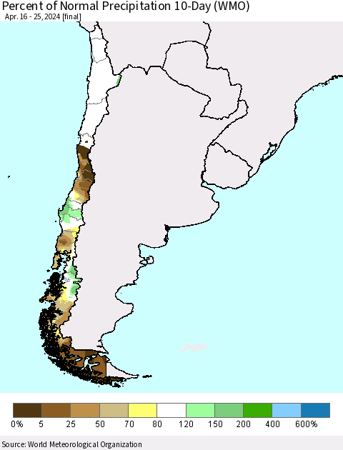 Chile Percent of Normal Precipitation 10-Day (WMO) Thematic Map For 4/16/2024 - 4/25/2024