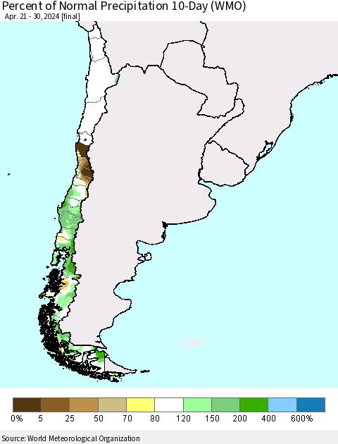 Chile Percent of Normal Precipitation 10-Day (WMO) Thematic Map For 4/21/2024 - 4/30/2024