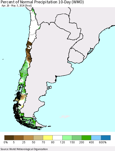 Chile Percent of Normal Precipitation 10-Day (WMO) Thematic Map For 4/26/2024 - 5/5/2024